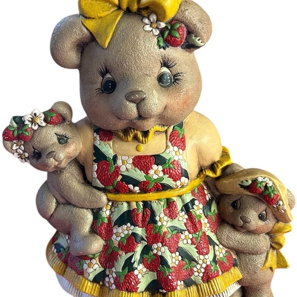 Adorable Hand Painted Bear Family Figurine with Strawberry Dress - Picture 1 of 6